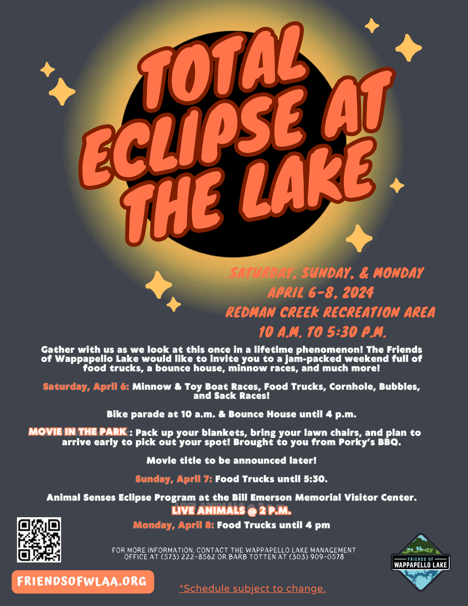 Total Eclipse at The Lake Saturday Sunday and Monday April Sixth to April Eighth 2024 at Redman Creek Recreation Center